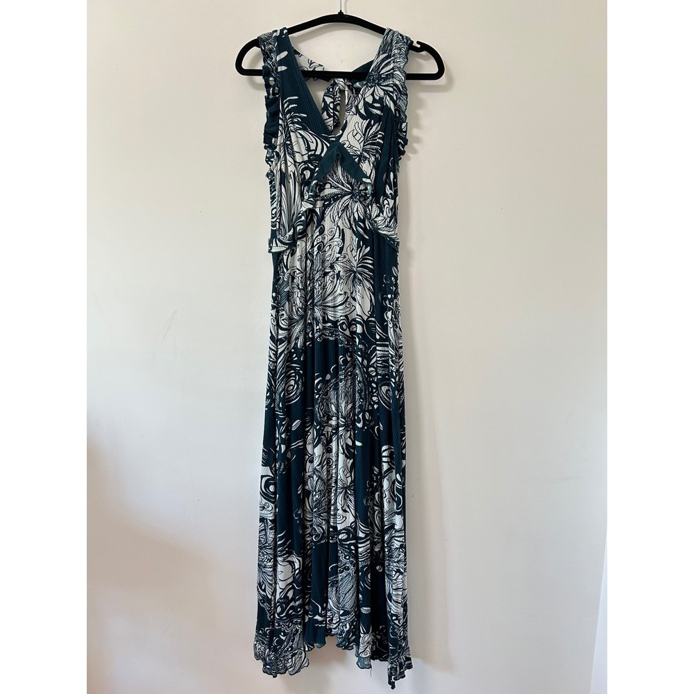 Anthropologie Tropical Floral Ribbed Knit Maxi Dress Women M Teal Excellent Boho